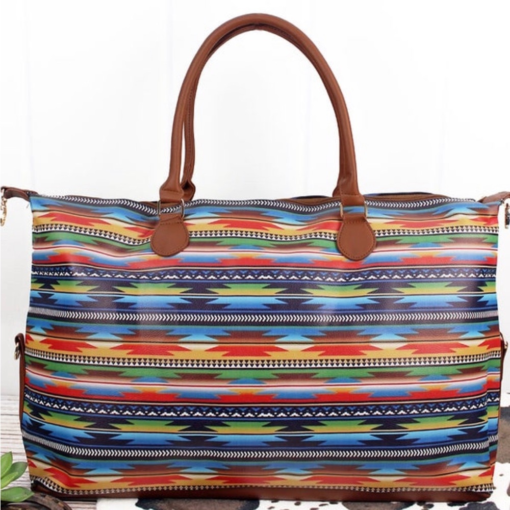Serape Aztec Printed Weekender Tote Duffle Bag with Strap